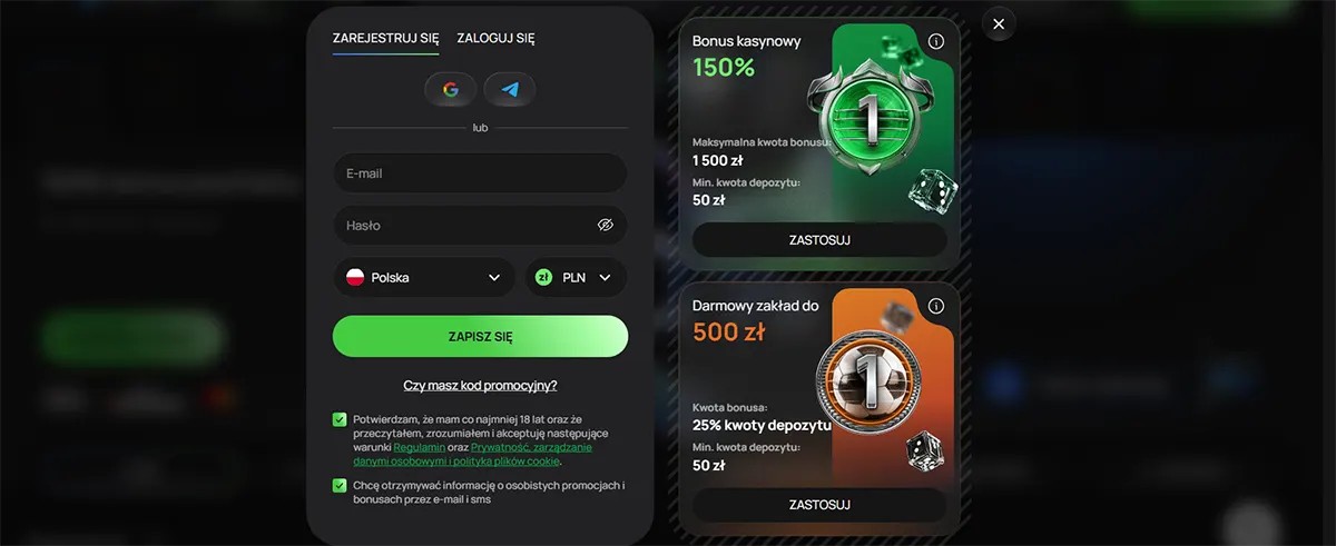 Online casino registration form with welcome bonus options showing 150% casino bonus up to 1,500 PLN and a free bet up to 500 PLN for new players.