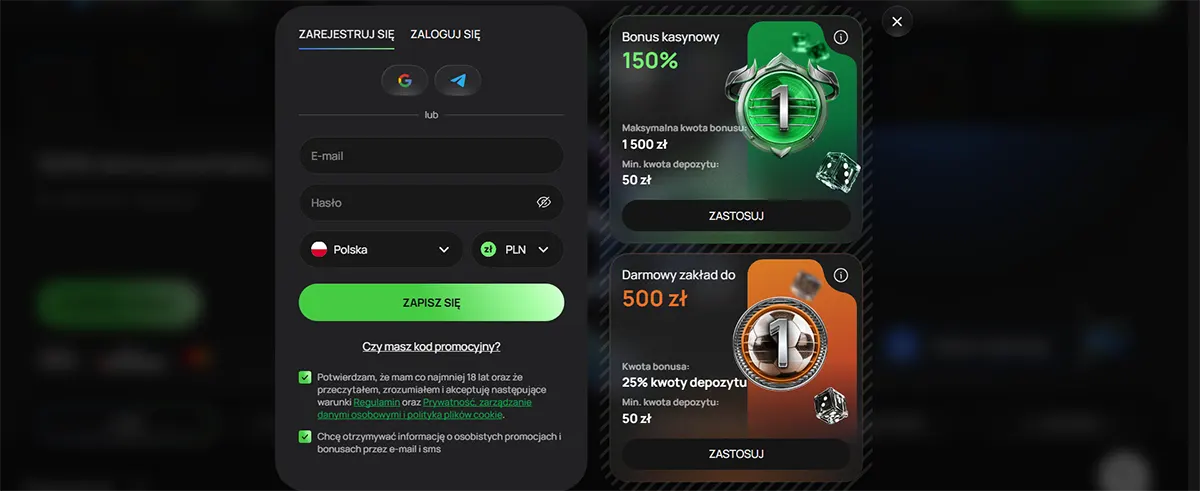 Online casino registration form with welcome bonus options showing 150% casino bonus up to 1,500 PLN and a free bet up to 500 PLN for new players.